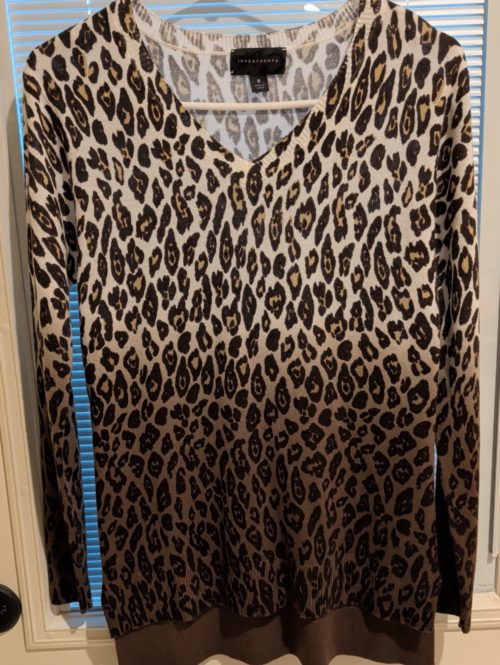 Investments Leopard Print V-Neck Long Sleeve Sweater - Brown/Cream S
